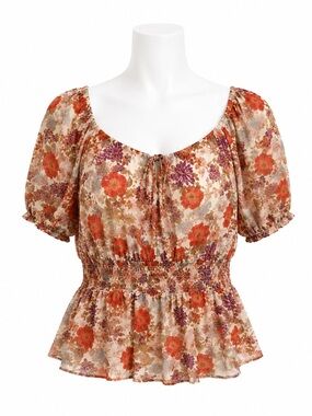 Size 3 Torrid Georgette Eyelet Smocked Waist Puff Sleeve Top Floral Black